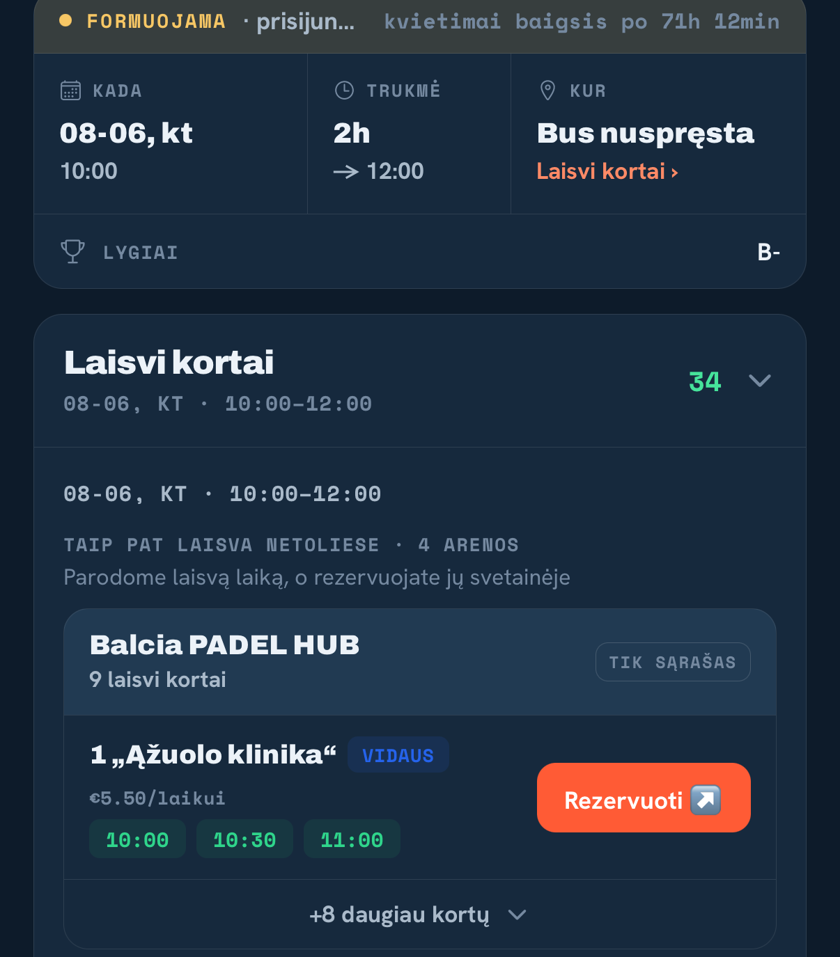 Free courts near a forming match in the Rallio app